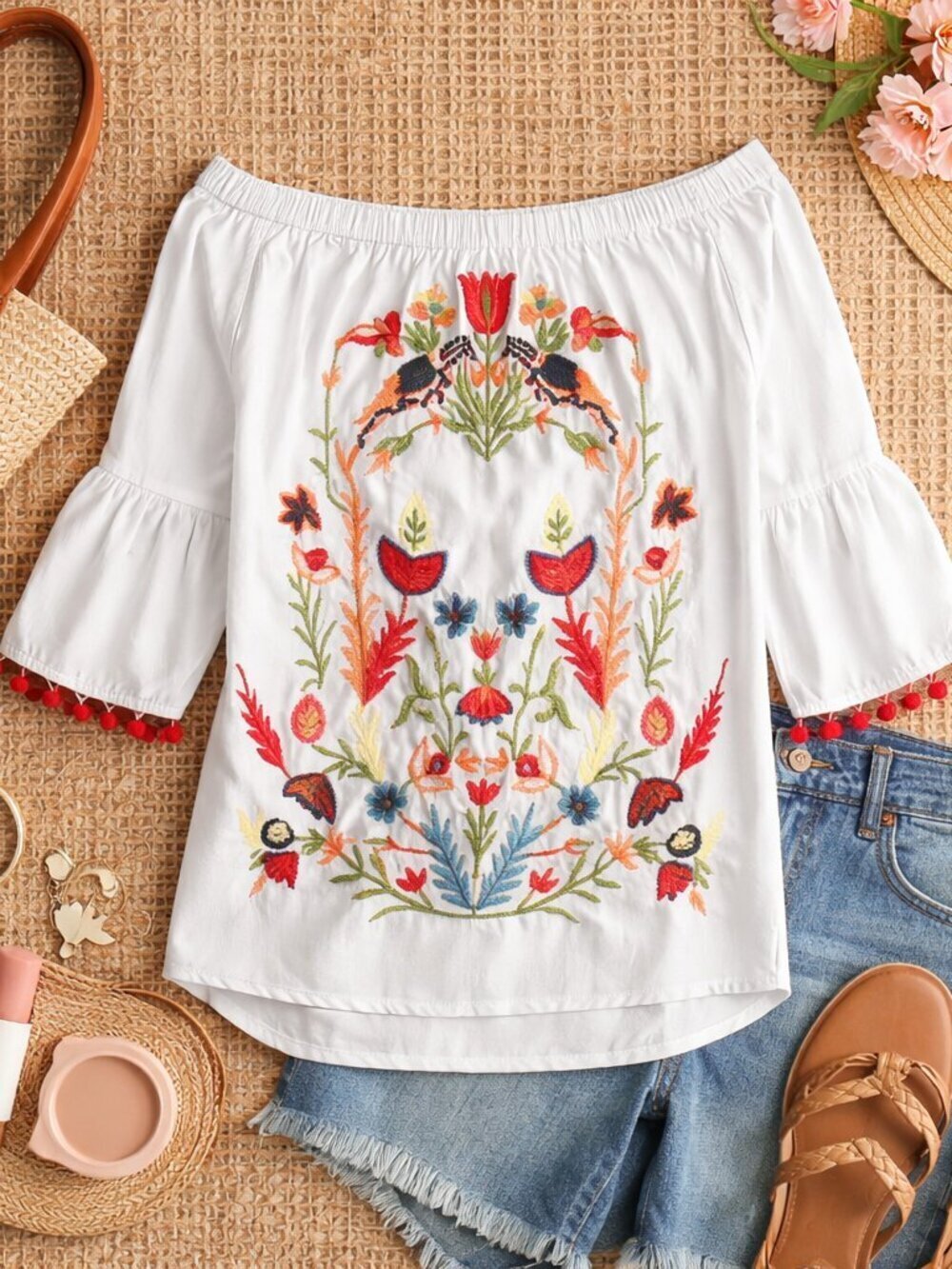 NWT Grand & Greene Embroidered Off Shoulder Boho Top Size Small